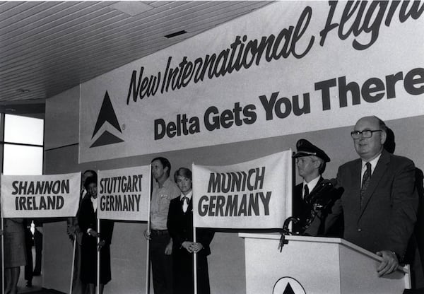 Delta airlines announces new flights to foreign countries in this undated photo. Delta's Chairman and CEO David C. Garrett tells of plans for Delta to fly to Munich, Germany, Stuttgart, Germany and Shannon, Ireland. (AJC file photo)