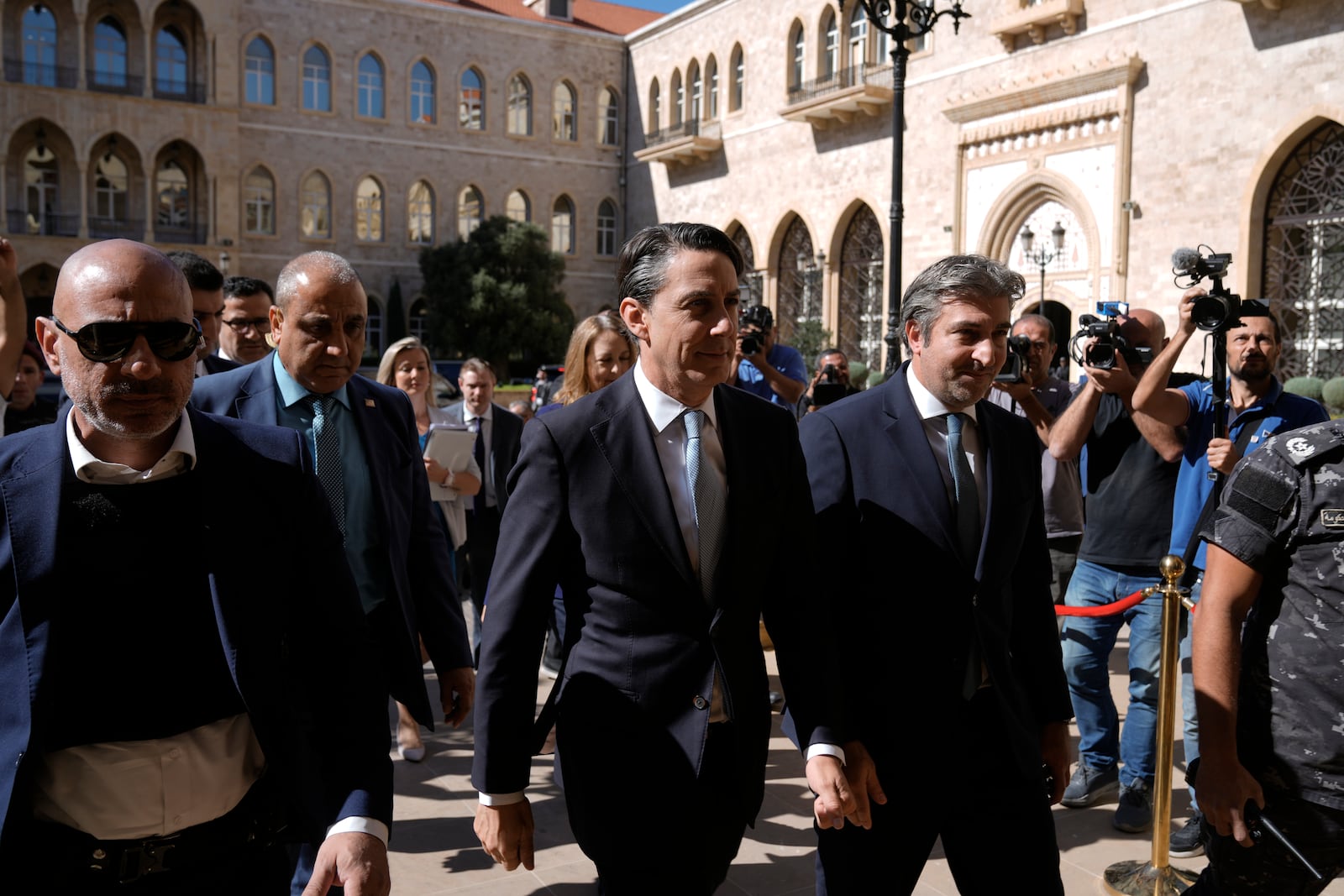 U.S. envoy Amos Hochstein, center, arrives at the government house ahead of a meeting with Lebanese caretaker Prime Minister Najib Mikati in Beirut, Lebanon, Monday, Oct. 21, 2024. (AP Photo/Bilal Hussein)