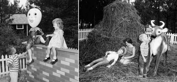 Children play at Storyland's Humpty Dumpty and Little Boy Blue exhibits in 1956. (Lane Brothers Photography Collection at the GSU Library, LBCB104-034a and LBCB104-034b)