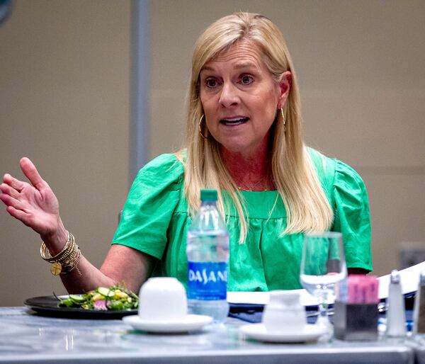 First Lady Marty Kemp talks at a luncheon focusing on the past and future human trafficking laws at the Georgia International Convention Center in College Park on Wednesday, May 12, 2021. (STEVE SCHAEFER FOR THE ATLANTA JOURNAL-CONSTITUTION)