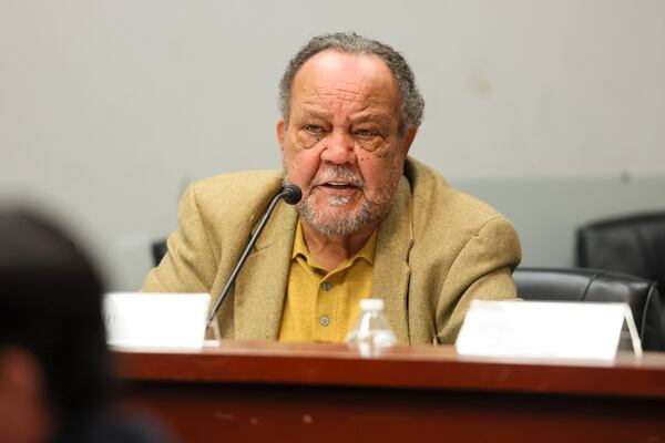 Marvin Smith testifies in opposition to the request of the Sandersville Railroad Company to acquire several pieces of property by eminent domain in Sparta, Georgia, during the Georgia Public Service Commission hearing at the Georgia Public Service Commission building, Wednesday, Nov. 29, 2023, in Atlanta. The Smith’s own property that the railroad company are trying to acquire. (Jason Getz / Jason.Getz@ajc.com)