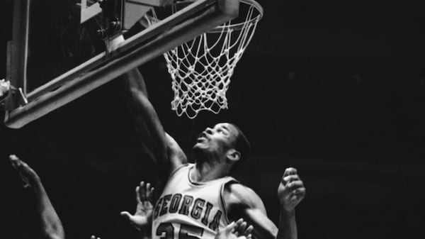 Georgia University's Terry Fair (35) in action against Purdue in their NIT semifinals game, Monday, March 22, 1982 at New York's Madison Square Garden. (AP Photo/Richard Drew))