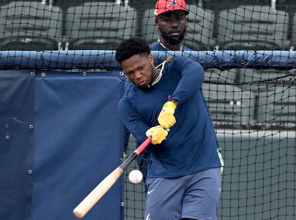 Atlanta Braves outfielder Ronald Acuña Jr. takes batting practice during spring training workouts at CoolToday Park, Friday, February 14, 2025, North Port, Florida. (Hyosub Shin / AJC)