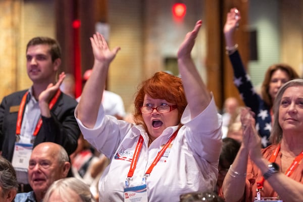 Attendees cheer as candidate Vivek Ramaswamy speaks at the Georgia GOP convention in Columbus on Friday, June 9, 2023. (Arvin Temkar / arvin.temkar@ajc.com)