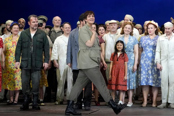 Soprano Lise Davidsen, center, as Leonore, acknowledges audience applause after a dress rehearsal of Beethoven's "Fidelio," at New York's Metropolitan Opera, Friday, Feb. 28, 2025. (AP Photo/Richard Drew)