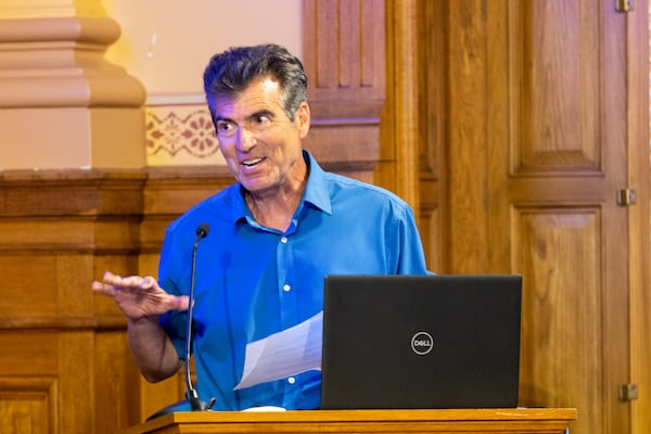 Joe Rossi, a Houston County resident who filed a complaint against the Fulton County vote count, speaks during public comment at a State Election Board meeting at the Capitol in Atlanta on Tuesday, May 7, 2024. (Arvin Temkar / AJC)