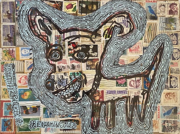 Benjamin Jones’ “Happy Chihuahua,” a mixed media drawing on a collage of postage stamps. Jones' exhibit at Whitespace, "Welcome to the Theater," continues through Feb. 24. 