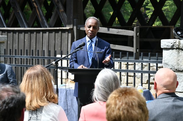 September 16, 2022 Stone Mountain - DeKalb County CEO Michael Thurmond speaks during a ceremony to "Rededicate" a historic covered bridge that was created by Washington W. King, a black bridgebuilder that was the son of freed slaves, at Stone Mountain Park’s Indian Island on Friday, September 16, 2022. This covered bridge is one of only four remaining structures of the many created and constructed by Washington W. King. The King family were prominent African-American businessmen for decades in multiple Georgia cities. (Hyosub Shin / Hyosub.Shin@ajc.com)

