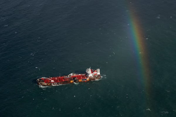 The damaged MV Stena Immaculate tanker at anchor off the Yorkshire coast in the North Sea, Tuesday, March 11, 2025 in England. (Dan Kitwood/Pool Photo via AP)