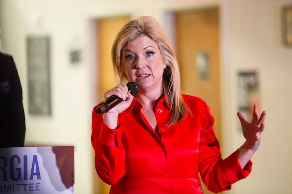 State Senator and Democratic candidate for Attorney General Jen Jordan speaks during the One Georgia rally on Tuesday, November 1, 2022, at Schoolhouse Brewing in Marietta, Georgia. Jordan, Senator Jon Ossoff, and Stacey Abrams spoke at the event. (Christina Matacotta for the AJC)