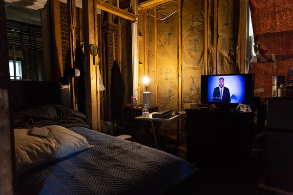 The under-construction bedroom of Dorothy and George Williams, who fell victim to a home repair scam, is seen in Atlanta on Monday, May 13, 2024. (Arvin Temkar / AJC)