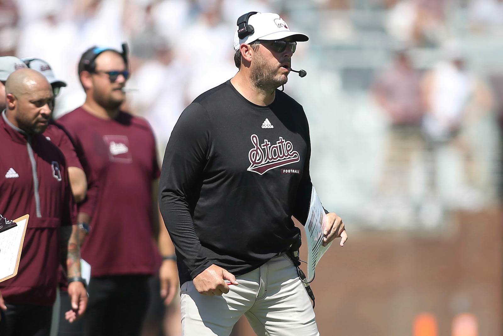 Mississippi State head coach Jeff Lebby reacts to a play on the sidelines against Florida during the second half of an NCAA college football game in Starkville, Miss., Saturday, Sept. 21, 2024. Florida won 45-28. (AP Photo/James Pugh)