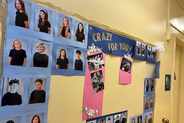 Headshots of the cast of Crazy for You in the auditorium of Paul Revere Charter Middle School, the temporary new home of Theatre Palisades Youth which lost their theater in the Palisades fire, Los Angeles, Feb. 28, 2025. (AP Photo/Jocelyn Gecker)