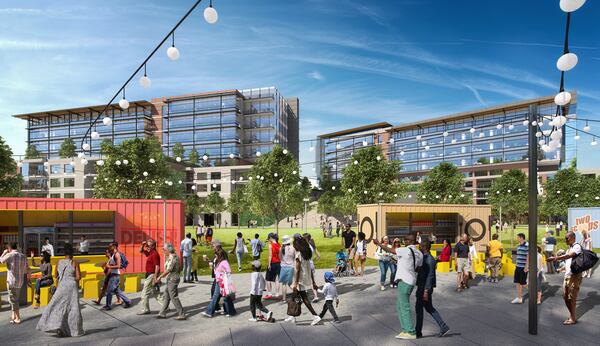 A rendering shows retail, food and common areas at the proposed Quarry Yards development near the future Westside Reservoir Park in Atlanta.