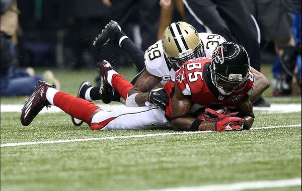 Falcons wide receiver Leonard Hankerson is brought down by Brandon Browner of the New Orleans Saints during the second quarter of a game at the Mercedes-Benz Superdome on Oct. 15, 2015, in New Orleans. (Photo by Sean Gardner/Getty Images)