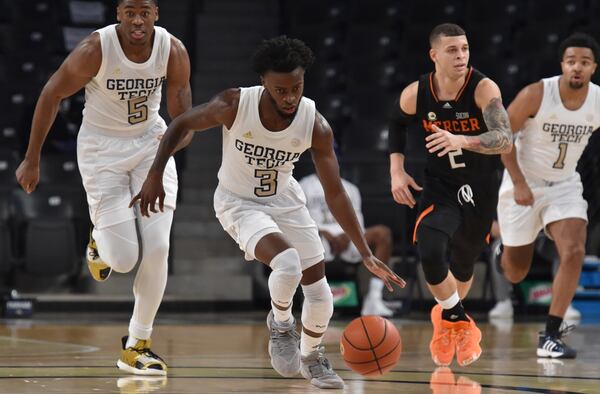 Georgia Tech guard Bubba Parham (3) brings the ball upcourt in the first half of a NCAA college basketball game at Georgia Tech's McCamish Pavilion in Atlanta on Friday, November 27, 2020. Mercer won 83-73 over Georgia Tech. (Hyosub Shin / Hyosub.Shin@ajc.com)