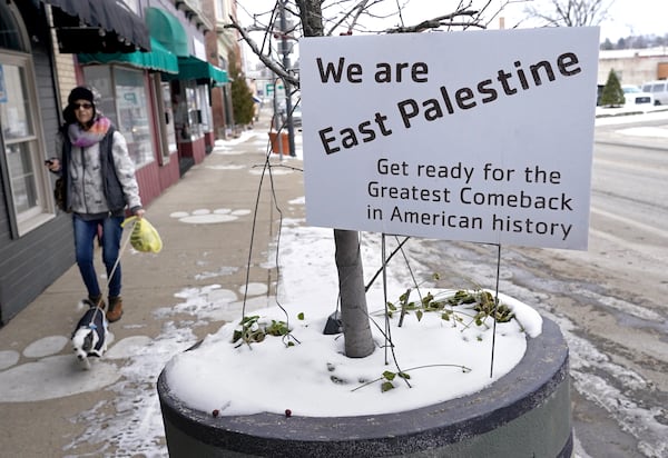 A sign of encouragement greets visitors, Monday, Jan. 22, 2024, in East Palestine. (Matt Freed for the Atlanta Journal Constitution)