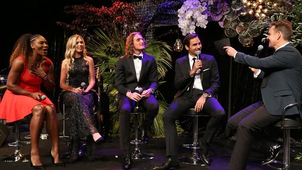 Todd Woodbridge interviews Serena Williams of the United States, Katie Boulter of Great Britain, Stefanos Tsitsipas of Greece and Roger Federer of Switzerland on stage at the Hopman Cup New Years Eve Gala dinner during day three of the 2019 Hopman Cup at RAC Arena on December 31, 2018 in Perth, Australia.