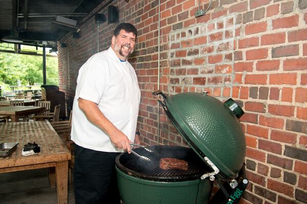 Kevin Rathbun grilling on the XL Big Green Egg at Kevin Rathbun Steak. MIA YAKEL