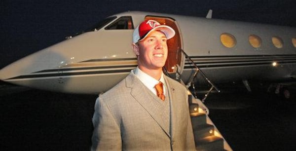 The Falcons used "AirBlank1" to fly in quarterback Matt Ryan after he was drafted by in 2008. The team used his private jet to help hold private workouts before the draft. (By Curtis Compton/ccompton@ajc.com)