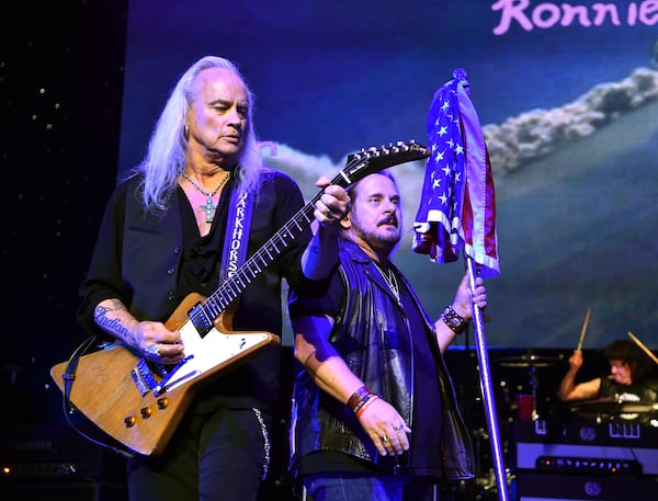 ATLANTA, GA - NOVEMBER 12: Rickey Medlocke and Johnny Van Zant of Lynyrd Skynyrd perform onstage at One More For The Fans! - Celebrating the Songs & Music of Lynyrd Skynyrd at The Fox Theatre on November 12, 2014 in Atlanta, Georgia. (Photo by Mike Coppola/Getty Images for Blackbird Productions) Rickey Medlocke and Johnny Van Zant crank up the "Free Bird" at the Lynyrd Skynyrd tribute show at the Fox Theatre in November. Photo: Getty Images/Blackbird Productions