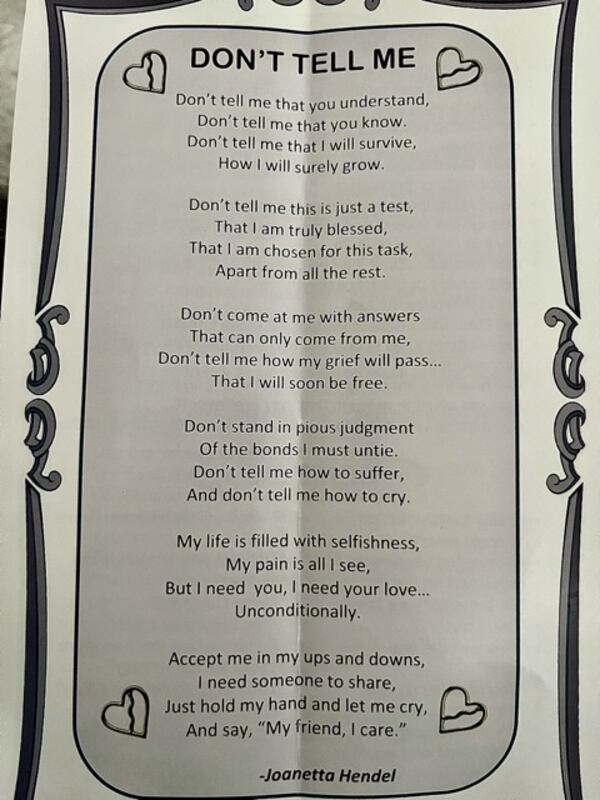 This poem was sent to Abby Duval by the American Foundation for Suicide Prevention. 
Courtesy of Abby Duvall