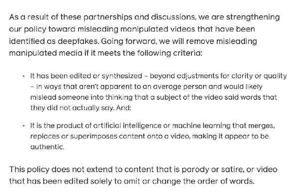 An excerpt from a January 6 blog post titled "Enforcing Against Manipulated Media," written by Facebook's vice president of global policy management, Monika Bickert.