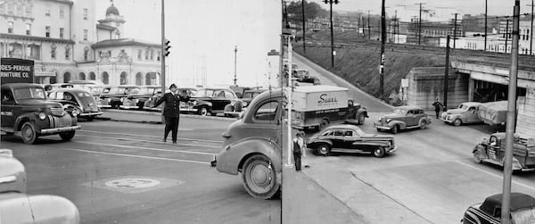 From the Atlanta Journal, Nov. 27 1947: The Spring and Mitchell streets intersection, in picture at left, was the most dangerous intersection in 1946. The crossing of West Whitehall and Gordon streets, at right, was the second worst offender. This year a full-time policeman has been stationed at these danger spots, which have become less hazardous while he is there. Fewer accidents have occurred at these spots (Journal Photos)