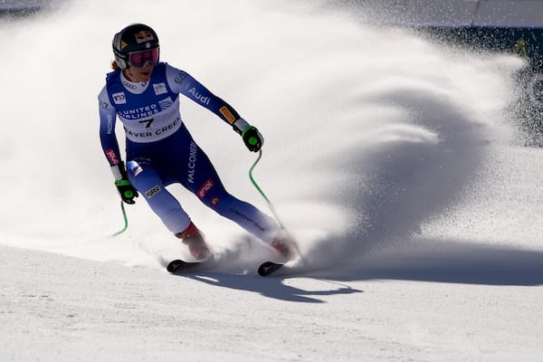 Italy's Sofia Goggia reacts after competing in the women's World Cup downhill skiing race, Saturday, Dec. 14, 2024, in Beaver Creek, Colo. (AP Photo/Robert F. Bukaty)