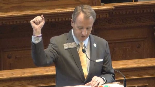 Georgia state Sen. John Albers, R-Roswell, shows a purple wristband he wore on Feb. 26, 2021 in honor of Max Gruver, a teenage from his area who died from a fraternity hazing incident in 2017. Albers is the lead sponsor of a bill that would strengthen criminal and civic penalties against those involved in college campus hazing. PHOTO CREDIT: GEORGIA LEGISLATURE.