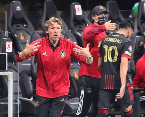 Atlanta United head coach Gabriel Heinze yells instructions during a 3-0 loss to the Philadelphia Union in the Champions League quarterfinals match Tuesday, April 27, 2021, in Atlanta. (Curtis Compton / Curtis.Compton@ajc.com)