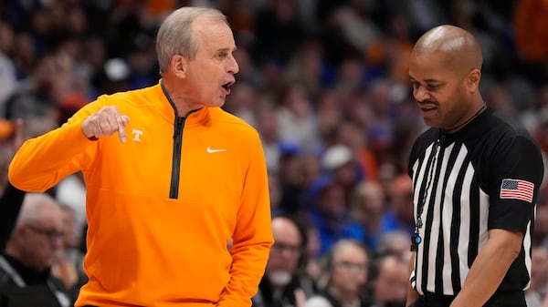 Tennessee head coach Rick Barnes speaks to an official during the first half of an NCAA college basketball game against Florida in the final round of the Southeastern Conference tournament, Sunday, March 16, 2025, in Nashville, Tenn. (AP Photo/George Walker IV)