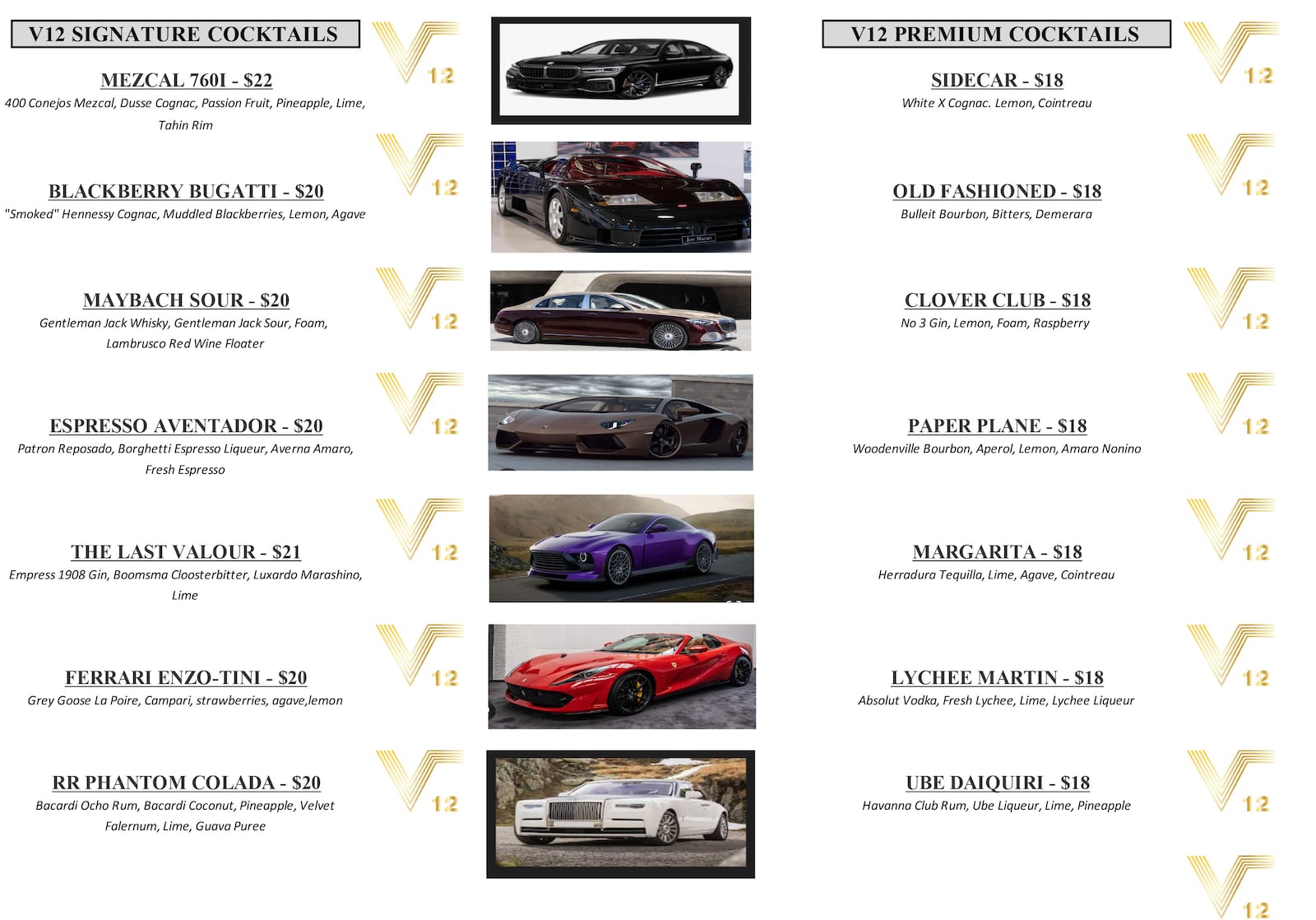 V12 menus