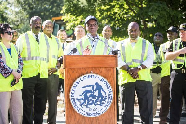 DeKalb County CEO Michael Thurmond announces the start of demolition for two buildings at Brannon Hill Condominiums with a news conference on Thursday, July 13.  Chad Rhym/ Chad.Rhym@ajc.com