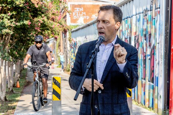 City Council President Doug Shipman speaks to the crowd during a press conference promoting the BeltLine Rail on Saturday, Aug 17, 2025. (Steve Schaefer / AJC)