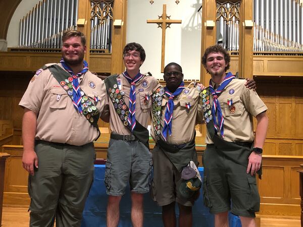 These four young men completed the scouting highest honor of Eagle Scout during the pandemic. From Troop 228 in Douglasville, here are Charlie Workman, Carson Thaler, Matthew Dumas, and Preston Guy at their Eagle Court of Honor held in July at Douglasville First United Methodist Church.