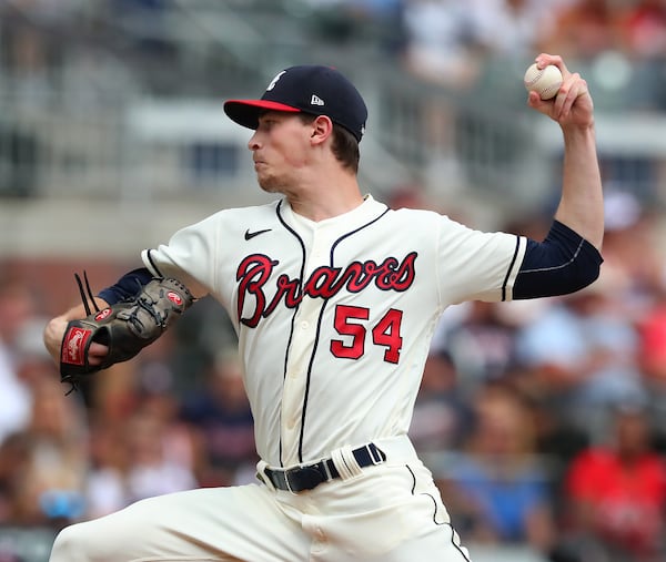 Braves starting pitcher Max Fried delivers during the second inning against the Washington Nationals Sunday, Aug. 8, 2021, at Truist Park in Atlanta. (Curtis Compton / Curtis.Compton@ajc.com)