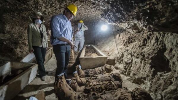 Some of the 17 mummies found by archaeologists are seen in this photo of  the catacombs under Tuna al-Gabal in Minya, Egypt.