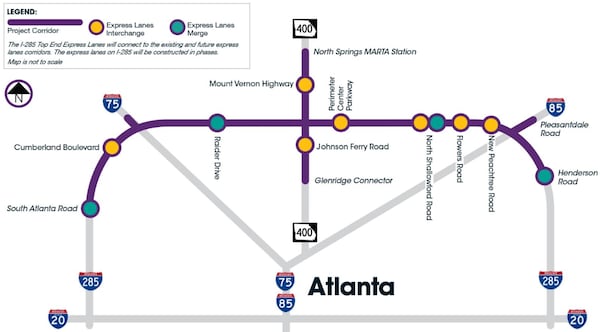 The Georgia Department of Transportation plans to build toll lanes along the top end of the Perimeter and along portions of Ga. 400 and I-85 as part of its Top End Express Lanes project.