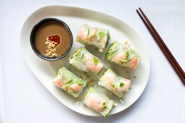 Goi Cuon Chilled Shrimp Roll with Gulf Shrimp, Rice Noodles, Lettuce, Bean Sprouts, Ashland Farm Herbs, and Peanut Sauce. Photo credit- Mia Yakel.