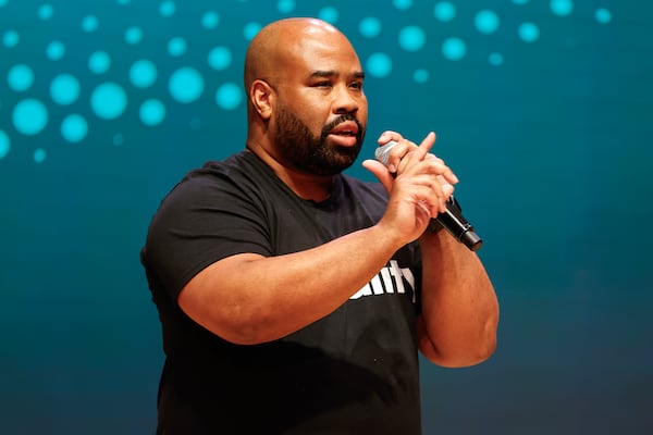 Joey Womack, the founder of tech nonprofit Goodie Nation, gives remarks following the Venture Atlanta pitch competition at Woodruff Arts Center on Thursday, Sept. 28, 2023. The two-day event is one of the largest venture capital conferences in the country. (Natrice Miller/ Natrice.miller@ajc.com)