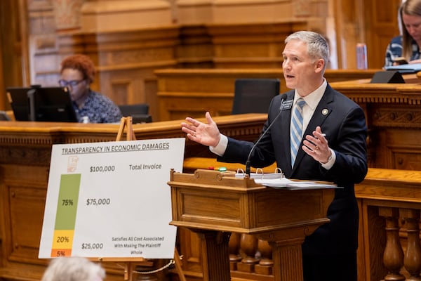 State. Sen. John F. Kennedy, R-Macon, speaks on a bill he sponsored to rewrite Georgia's litigation rules to limit lawsuits at the Senate at the Capitol in Atlanta on Friday, Feb. 21, 2025. (Arvin Temkar /Atlanta Journal-Constitution)