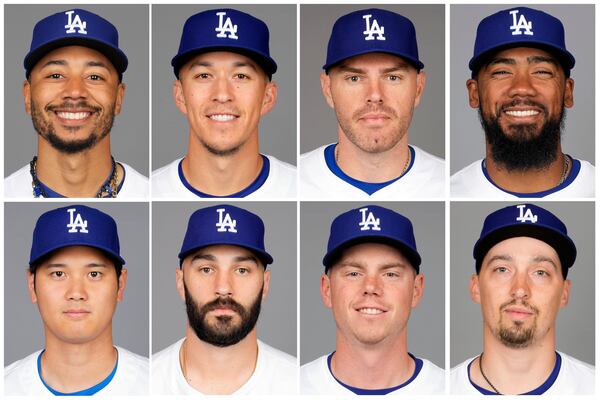 This combo of 2025 file photos show, Los Angeles Dodgers players, top row from left, Mookie Betts, Tommy Edman, Freddie Freeman and Teoscar Hernández, bottom row from left, Shohei Ohtani, Tanner Scott, Will Smith and Blake Snell . (AP Photo/Ashley Landis, File)