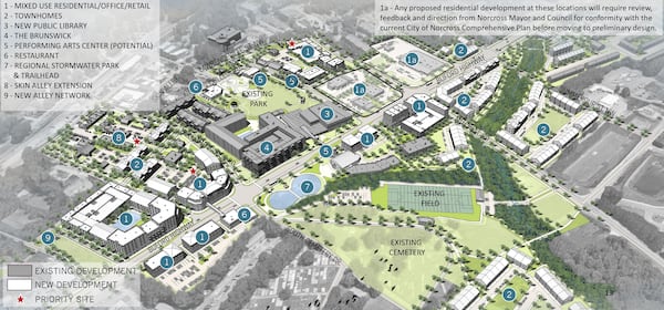 The section of Buford Highway near downtown Norcross. Townhomes, mixed-use spaces and a performing arts center could accompany other development projects underway or completed in the area. (Courtesy City of Norcross)