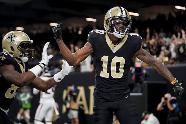 New Orleans Saints wide receiver Marquez Valdes-Scantling (10) celebrates his touchdown against the Atlanta Falcons during the first half of an NFL football game, Sunday, Nov. 10, 2024, in New Orleans. (AP Photo/Gerald Herbert)