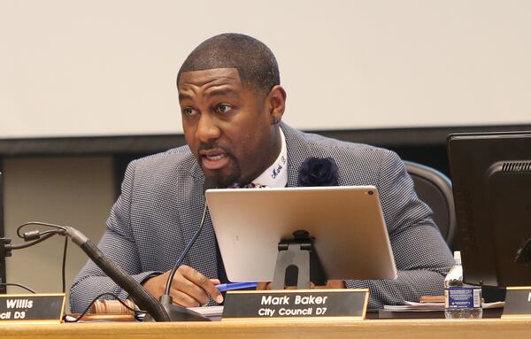 Mark Baker, District 7, speaks during a South Fulton City Council meeting to decide whether to fire Judge Tiffany Sellers at Fulton County court system's South Service Center in South Fulton, Georgia on Tuesday, March 19, 2019. EMILY HANEY / emily.haney@ajc.com