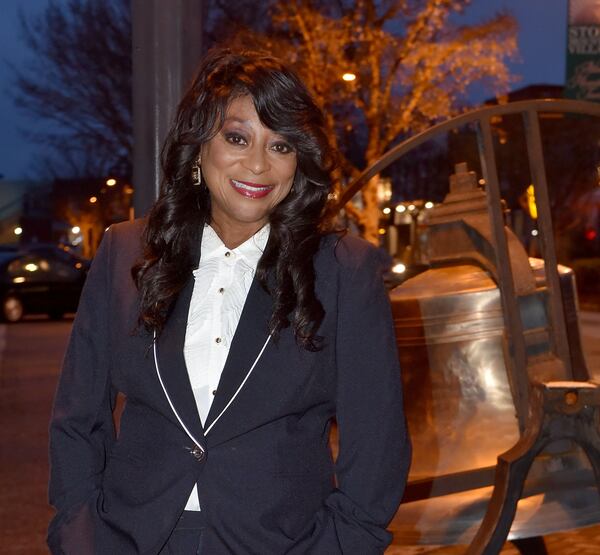 January 20, 2022 Stone Mountain — Newly sworn in Stone Mountain mayor Beverly Jones stands next to the Freedom Bell located in downtown Stone Mounatin. The new mayor wants to brand the city as a welcoming spot for new businesses and people. RYON HORNE / RHORNE@AJC.COM