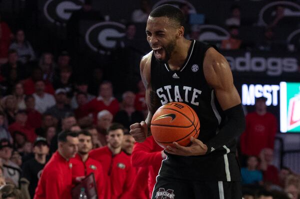 Mississippi State guard Claudell Harris Jr. reacts during the second half of an NCAA college basketball game against Georgia, Saturday, Feb. 8, 2025, in Athens, Ga. (AP Photo/Kathryn Skeean)