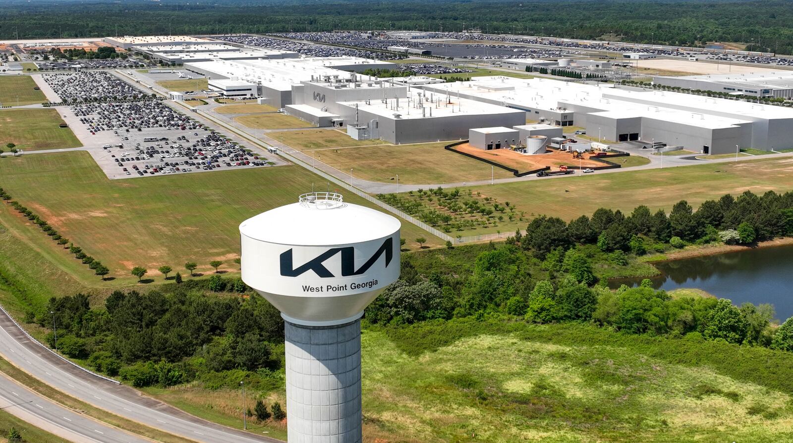 Aerial photo shows Kia Motors' US Assembly Plant in West Point on Wednesday, May 11, 2022. Georgia is an emerging state for automobile manufacturing, with the plant turning out 340,000 vehicles a year and two electric vehicle factories currently under construction in other parts of the state. (Hyosub Shin/Hyosub.Shin@ajc.com)