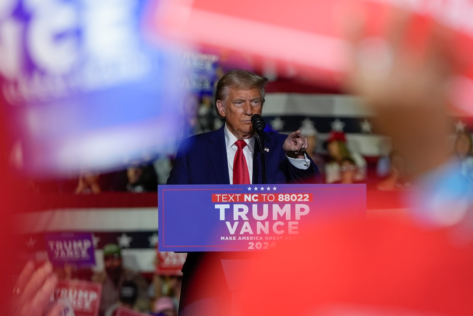 Republican presidential nominee former President Donald Trump speaks at a campaign rally at Williams Arena at Mignes Coliseum, Monday, Oct. 21, 2024, in Greenville, N.C. (AP Photo/Evan Vucci)